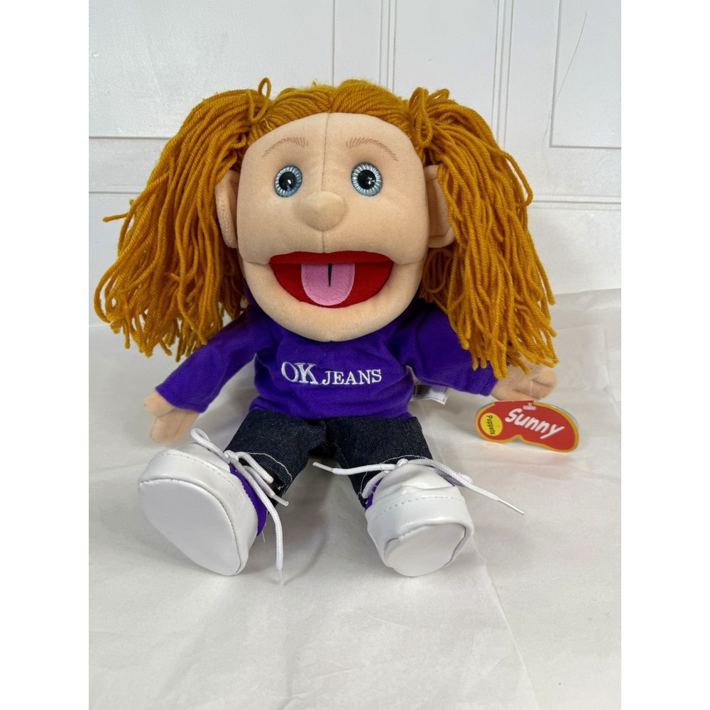 Vtg 2004 Sunny Puppet Yarn‎ Haired Girl OK Jeans Purple Shirt & Shoes Tags!